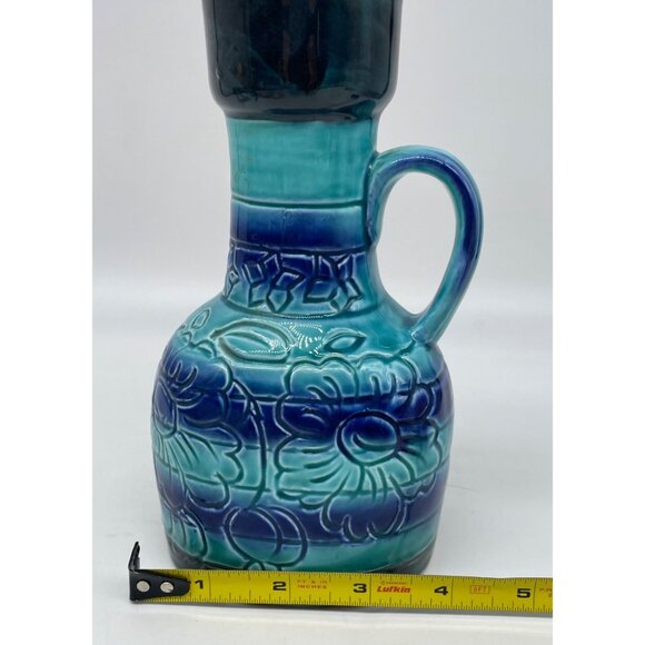 MCM Japan Turquoise & Cobalt Blue Floral Ceramic Pitcher Vase 7.5" With Handle - Picture 10 of 11